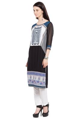 Black Printed Cotton Stitched Long Kurti 4