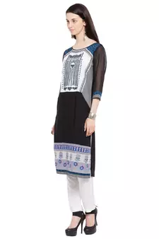 Black Printed Cotton Stitched Long Kurti