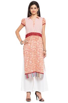 Peach Printed Cotton Stitched Long Kurti 1