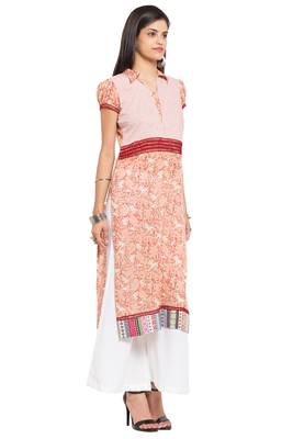 Peach Printed Cotton Stitched Long Kurti 3