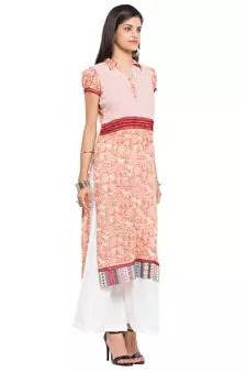 Peach Printed Cotton Stitched Long Kurti