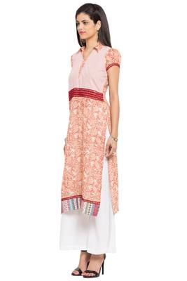 Peach Printed Cotton Stitched Long Kurti 4