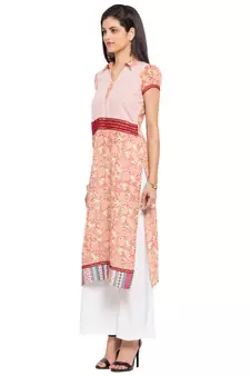 Peach Printed Cotton Stitched Long Kurti