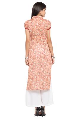 Peach Printed Cotton Stitched Long Kurti 5