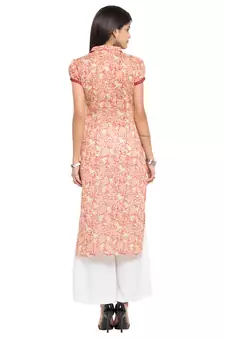 Peach Printed Cotton Stitched Long Kurti