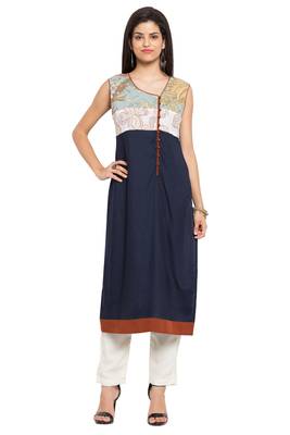 Blue Printed Cotton Stitched Long Kurti 1