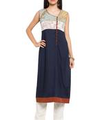Blue Printed Cotton Stitched Long Kurti