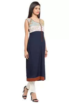 Blue Printed Cotton Stitched Long Kurti
