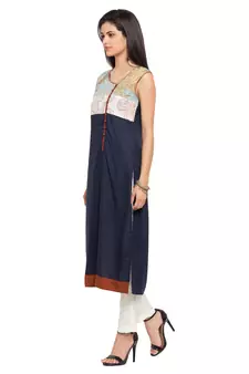 Blue Printed Cotton Stitched Long Kurti