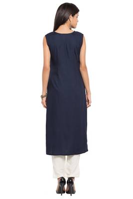 Blue Printed Cotton Stitched Long Kurti 5