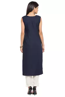 Blue Printed Cotton Stitched Long Kurti