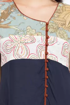 Blue Printed Cotton Stitched Long Kurti