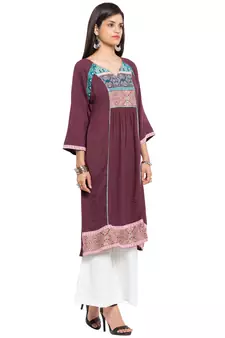 Magenta Printed Cotton Stitched Long Kurti