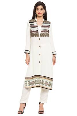 White Printed Cotton Stitched Long Kurti 1