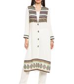 White Printed Cotton Stitched Long Kurti
