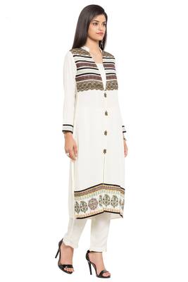 White Printed Cotton Stitched Long Kurti 3