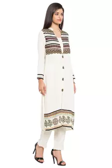 White Printed Cotton Stitched Long Kurti