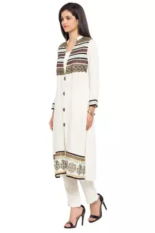 White Printed Cotton Stitched Long Kurti