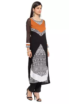 Black Printed Georgette Stitched Long Kurti