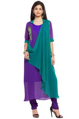 Purple Embroidered Georgette Stitched Long Kurti 1