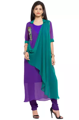 Purple Embroidered Georgette Stitched Long Kurti