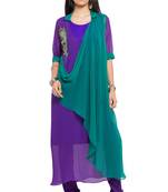 Purple Embroidered Georgette Stitched Long Kurti