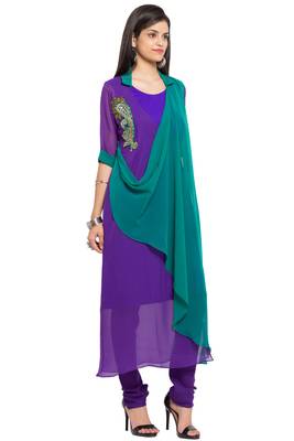 Purple Embroidered Georgette Stitched Long Kurti 3