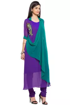 Purple Embroidered Georgette Stitched Long Kurti