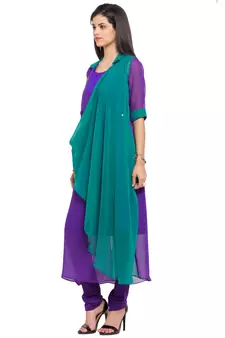 Purple Embroidered Georgette Stitched Long Kurti