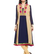 Blue Embroidered Georgette Stitched Long Kurti