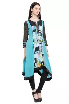 Blue Printed Georgette Stitched Long Kurti