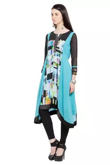 Blue Printed Georgette Stitched Long Kurti
