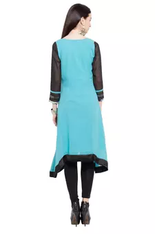 Blue Printed Georgette Stitched Long Kurti