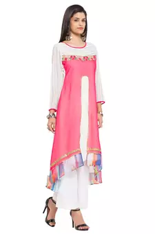 Pink Embroidered Georgette Stitched Long Kurti