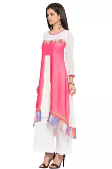 Pink Embroidered Georgette Stitched Long Kurti