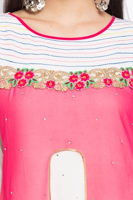 Pink Embroidered Georgette Stitched Long Kurti 6