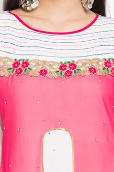 Pink Embroidered Georgette Stitched Long Kurti
