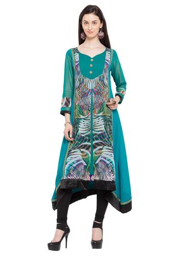 Blue Printed Georgette Stitched Long Kurti