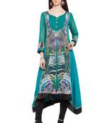 Blue Printed Georgette Stitched Long Kurti