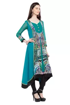 Blue Printed Georgette Stitched Long Kurti