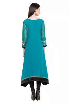Blue Printed Georgette Stitched Long Kurti