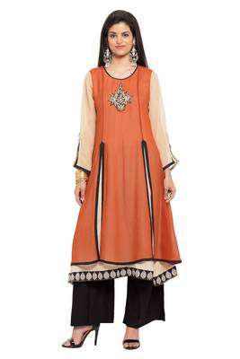 Brown Embroidered Georgette Stitched Long Kurti 1