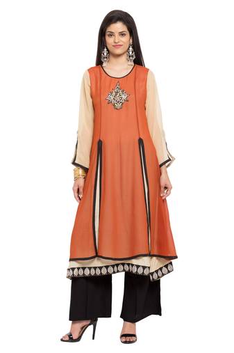Brown Embroidered Georgette Stitched Long Kurti