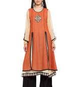 Brown Embroidered Georgette Stitched Long Kurti