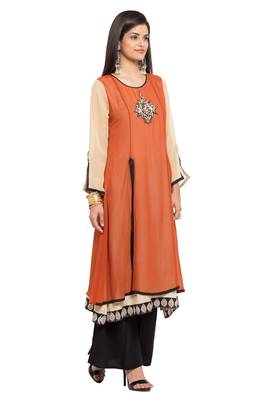 Brown Embroidered Georgette Stitched Long Kurti 3