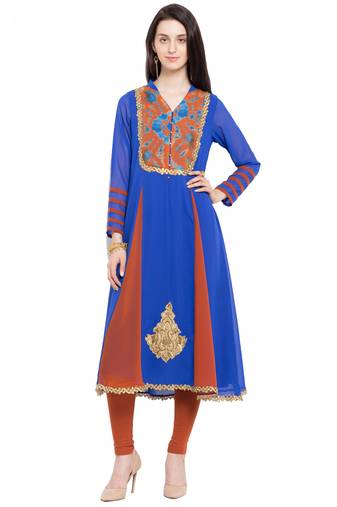 Blue Embroidered Georgette Stitched Long Kurti