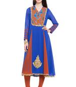 Blue Embroidered Georgette Stitched Long Kurti