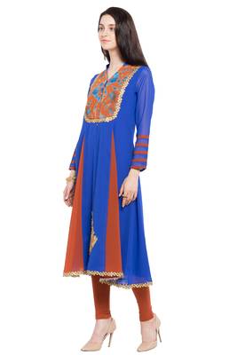 Blue Embroidered Georgette Stitched Long Kurti 4