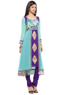 Blue Printed Georgette Stitched Long Kurti 3