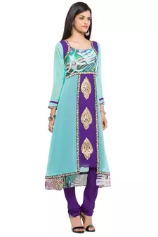 Blue Printed Georgette Stitched Long Kurti